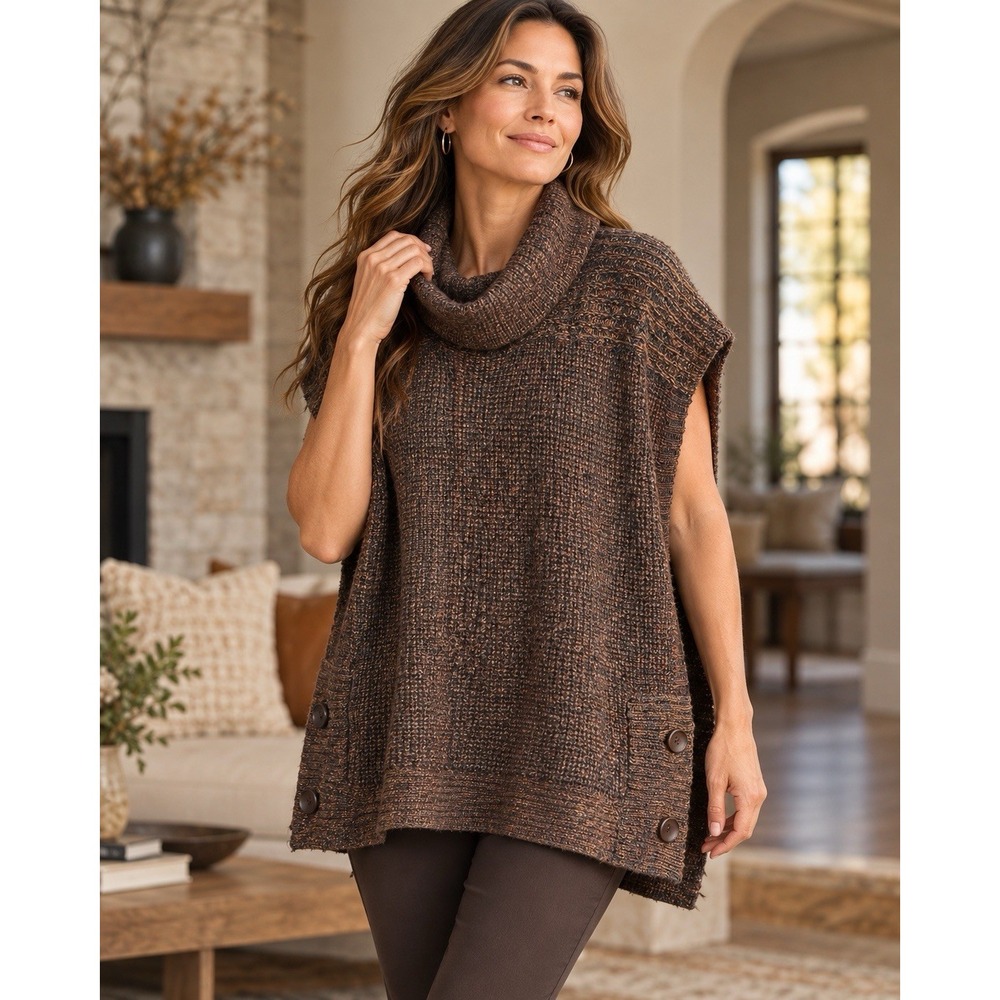 Chico's S/M Wool Blend Cowl Neck Poncho Sweater Brown Marled Open Side Button